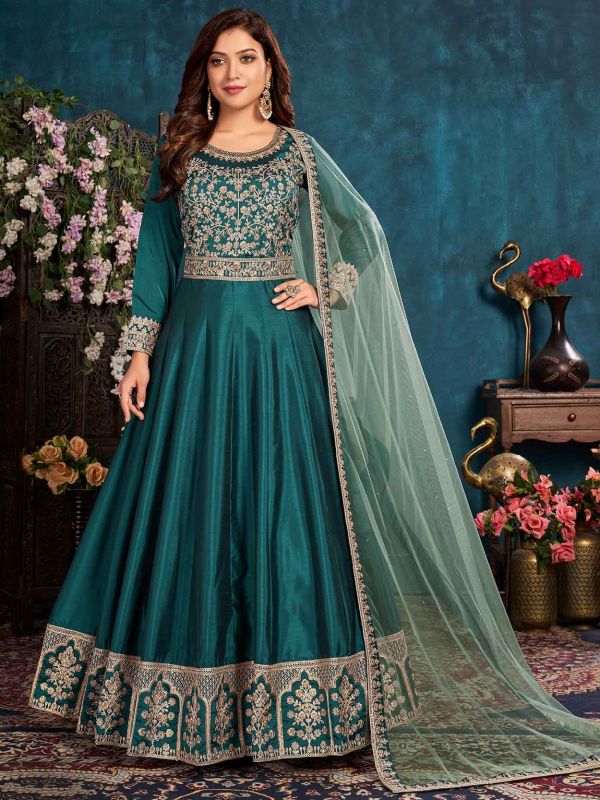 Rama Green Colour Art Silk Fabric Anarkali Salwar Suit.