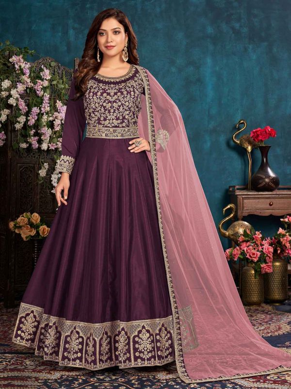 Purple Colour Party Wear Salwar Suit in Art Silk Fabric.