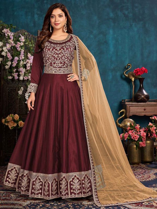 Art Silk Fabric Designer Anarkali Salwar Suit Maroon Colour.