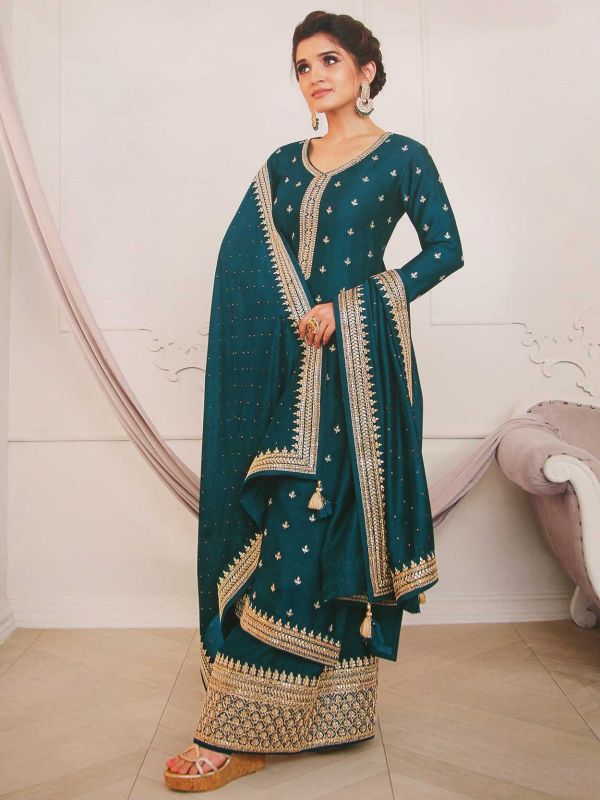 Rama Green Colour Art Silk Fabric Designer Salwar Suit.