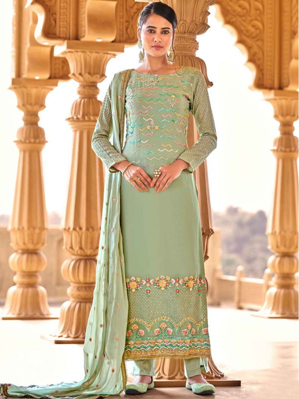 Pista Green Colour Georgette Fabric Designer Salwar Suit.