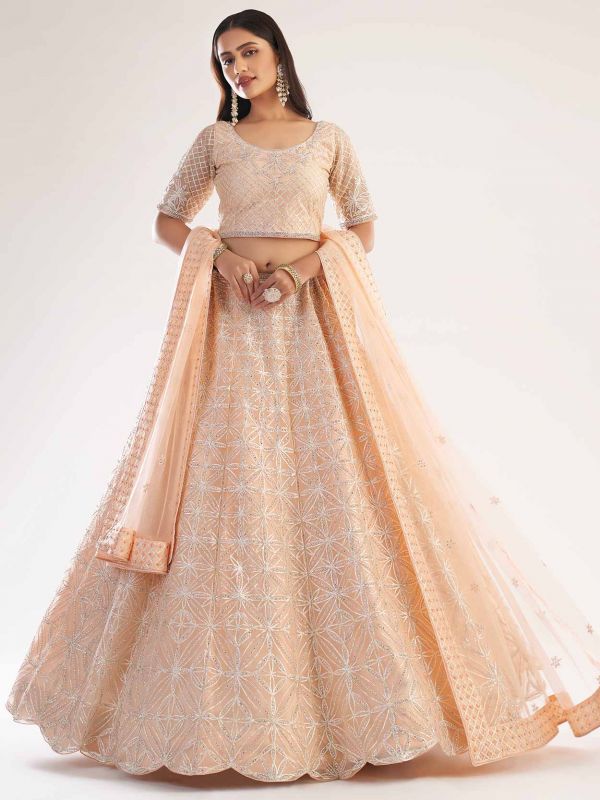 Beautiful Peach Colour Net Fabric Designer Lehenga Choli.