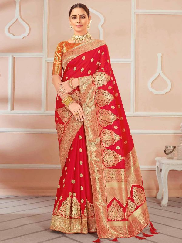 Red Colour Banarasi Silk Fabric Indian Wedding Saree .
