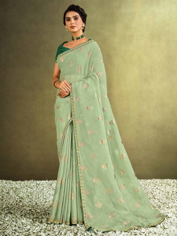 Green Colour Women Saree in Tissue Fabric.