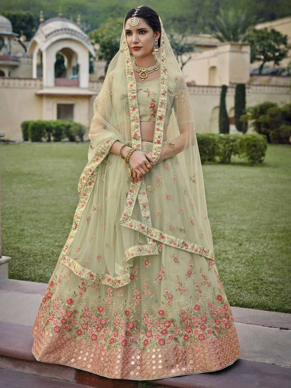 Pista Green Colour Engagement Lehenga Choli in Net,Silk Fabric.
