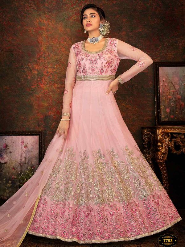 Pink Colour Net Fabric Designer Anarkali Salwar Kameez.