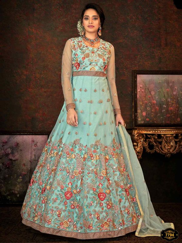 Turquoise Colour Anarkali Salwar Kameez in Net Fabric.