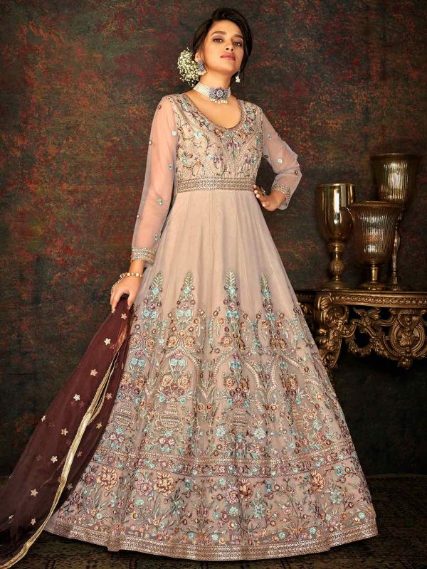Net Fabric Designer Anarkali Salwar Suit Brown Colour.