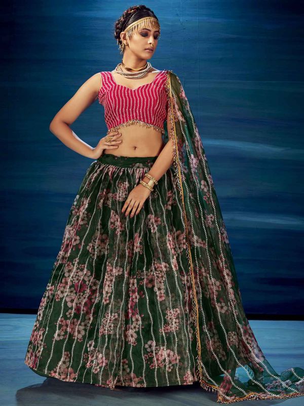 Dark Green Colour Party Wear Lehenga Choli in Organza Fabric.