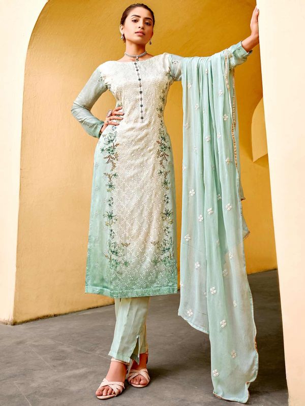 Pista Green Colour Straight Cut Style Salwar Suit in Chinon Fabric.