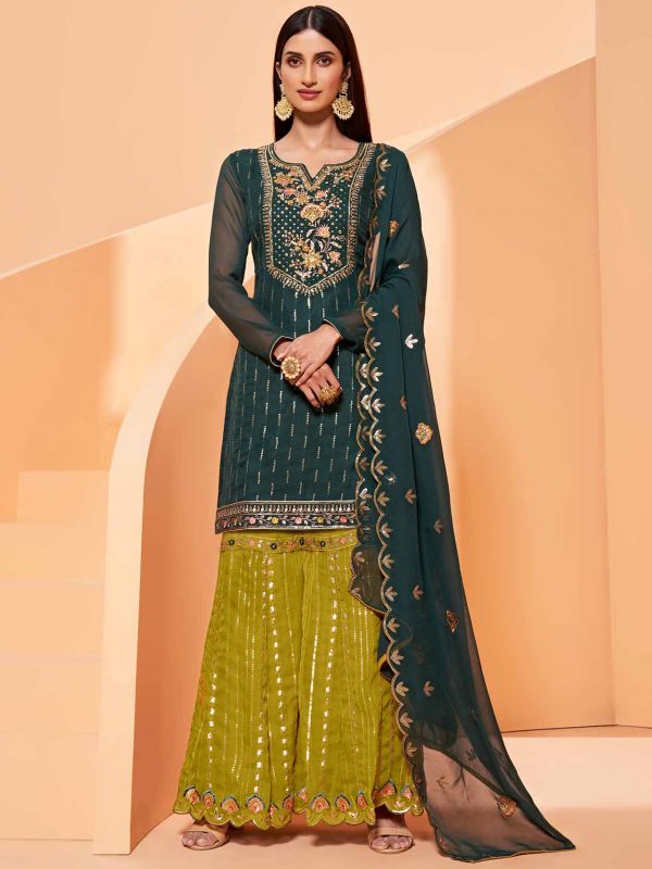 Rama Green Colour Palazzo Salwar Suit in Georgette Fabric.