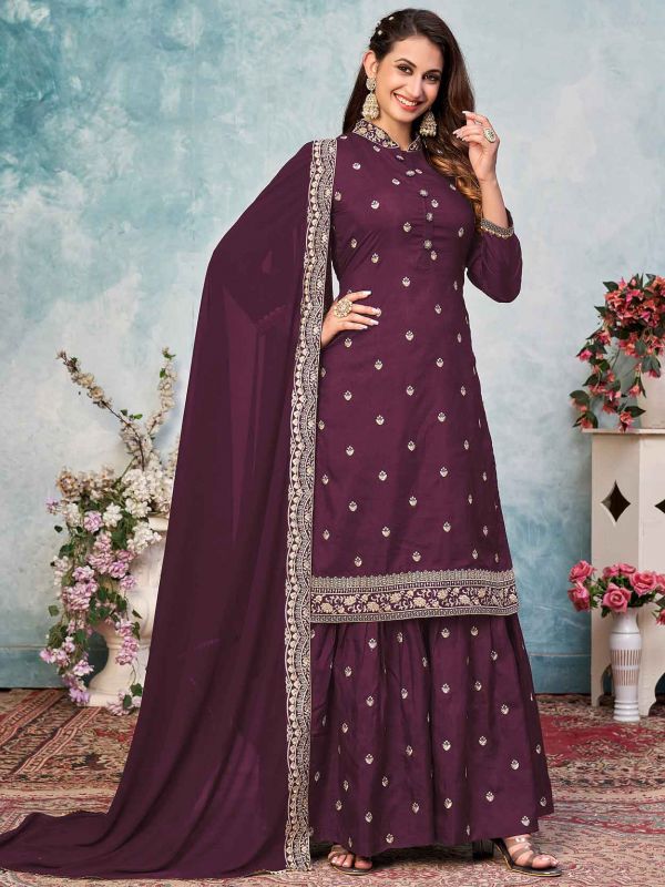 Purple Colour Art Silk Fabric Designer Sharara Salwar Suit.