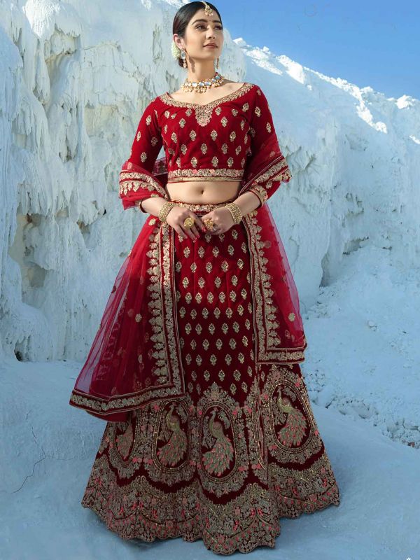 Maroon Colour Velvet Fabric Bridal Lehenga Choli.