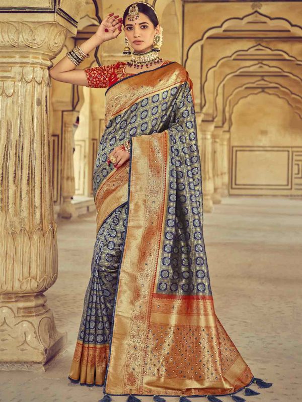 Blue,Golden Colour Kanjivaram Silk Saree.