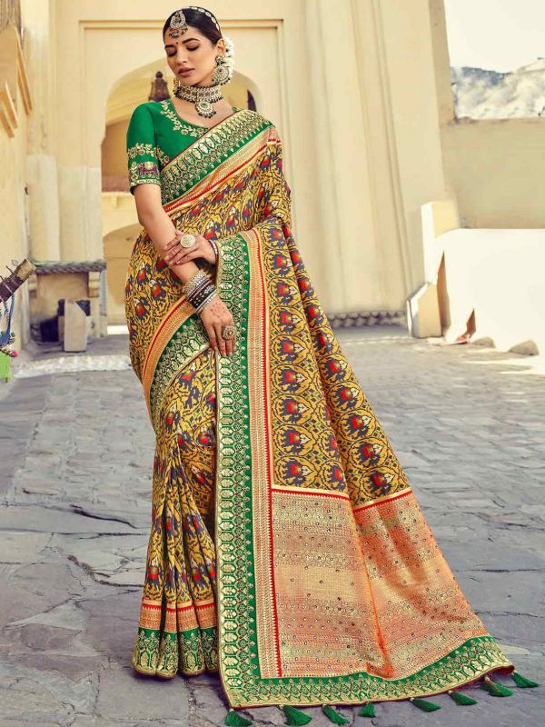 Yellow Colour Indian Designer Saree in Patola Silk Fabric.