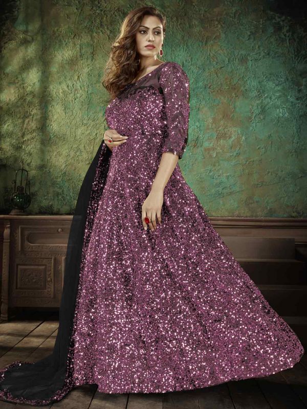 Purple,Wine Colour Anarkali Salwar Suit in Net Fabric.