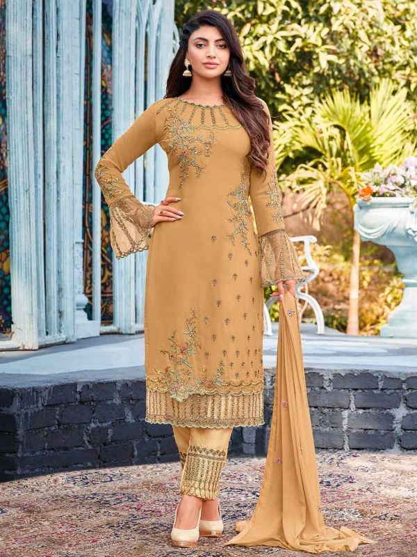 Golden,Orange Colour Georgette Fabric Women Salwar Suit.