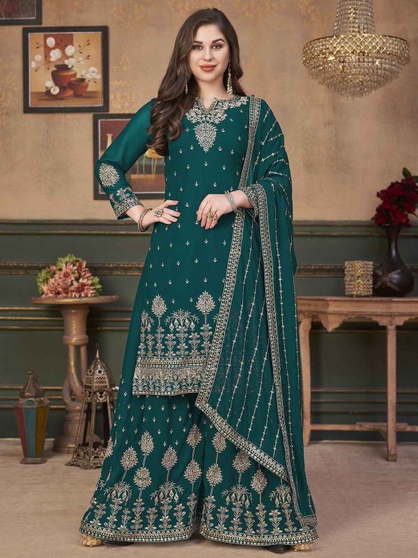 Rama Green Colour Georgette Fabric Sharara Salwar Suit.