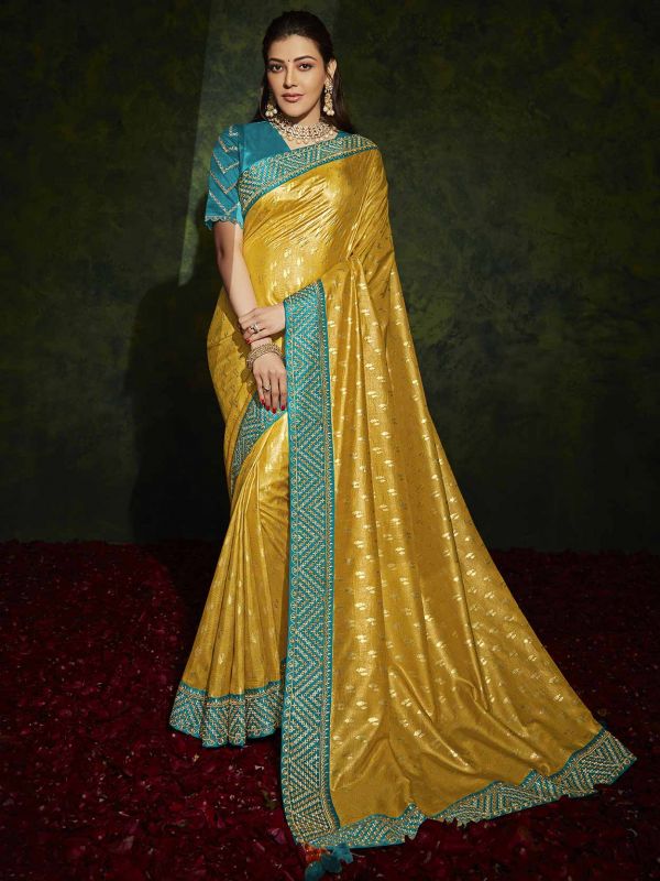 Mustard Yellow Colour Silk Fabric Indian Wedding Saree.