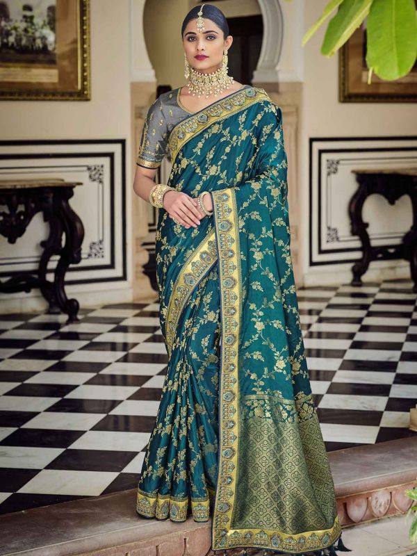 Rama Green Colour Banarasi Silk Fabric Traditional Saree.