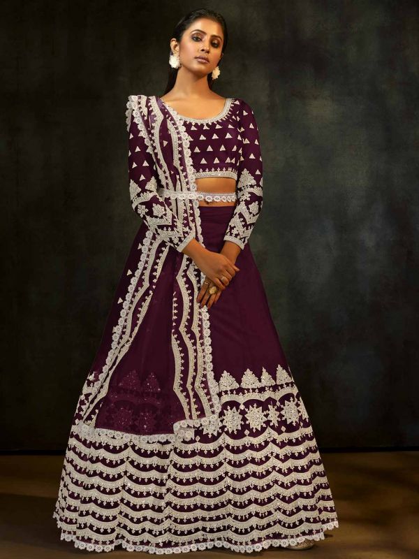 Wine Colour Net Fabric Lehenga Choli.