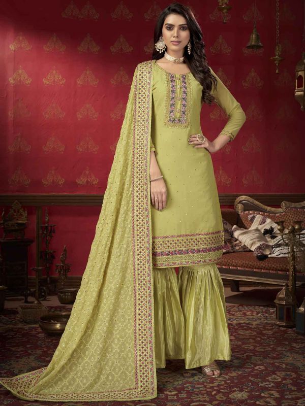 Green Colour Sharara Salwar Suit in Georgette Fabric.