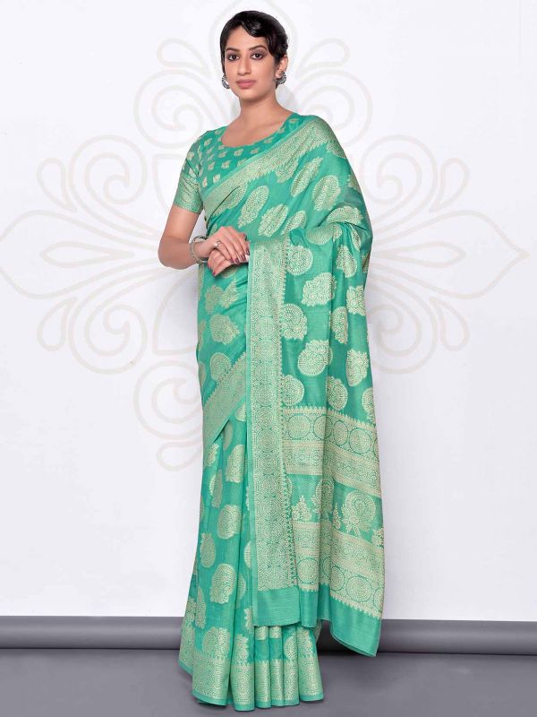 Turquoise Colour Lucknowi,Cotton Fabric Saree.