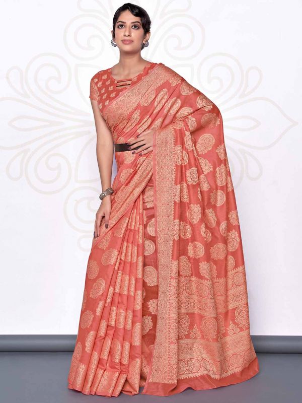 Lucknowi,Cotton Fabric Women Saree Red Colour.