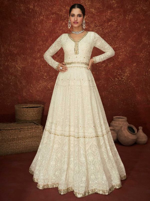 Cream Colour Georgette Fabric Anarkali Salwar Suit.