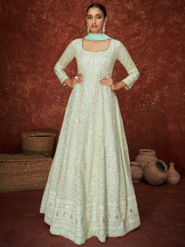 Pista Green Colour Georgette Fabric Anarkali Salwar Suit.