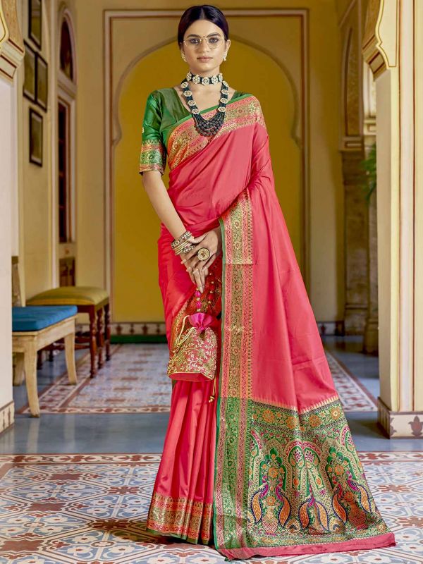 Pink,Red Colour Indian Wedding Saree in Banarasi Silk Fabric.