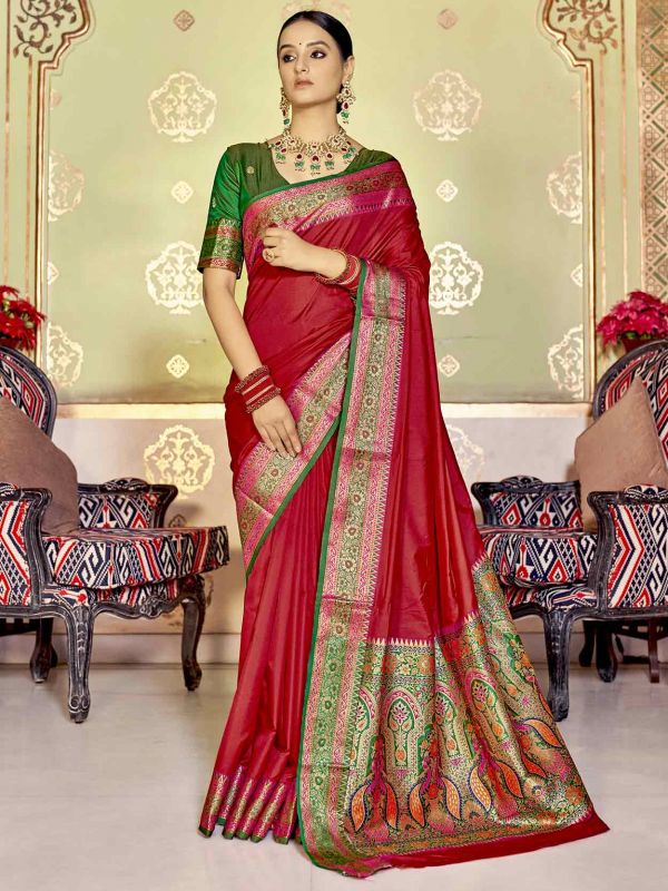 Red Colour Indian Designer Saree in Banarasi Silk Fabric.