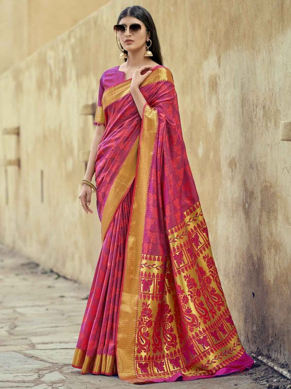 Red Colour Indian Designer Saree in Banarasi Silk Fabric.