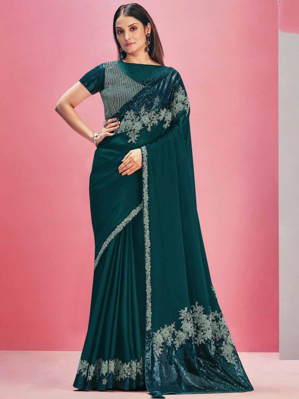 Rama Green Colour Raw Silk,Net Fabric Designer Saree.