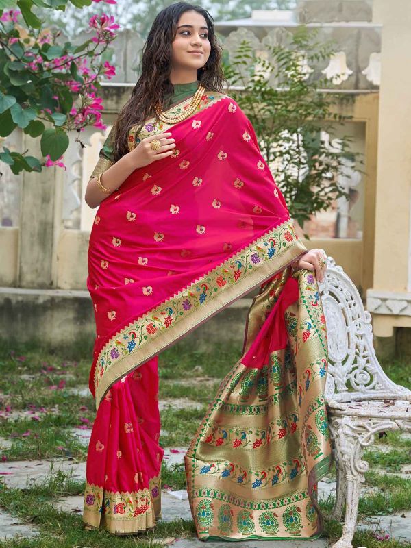 Red,Pink Colour Banarasi Silk Fabric Wedding Saree.