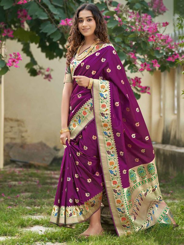 Wine Colour Party Wear Saree in Banarasi Silk Fabric.