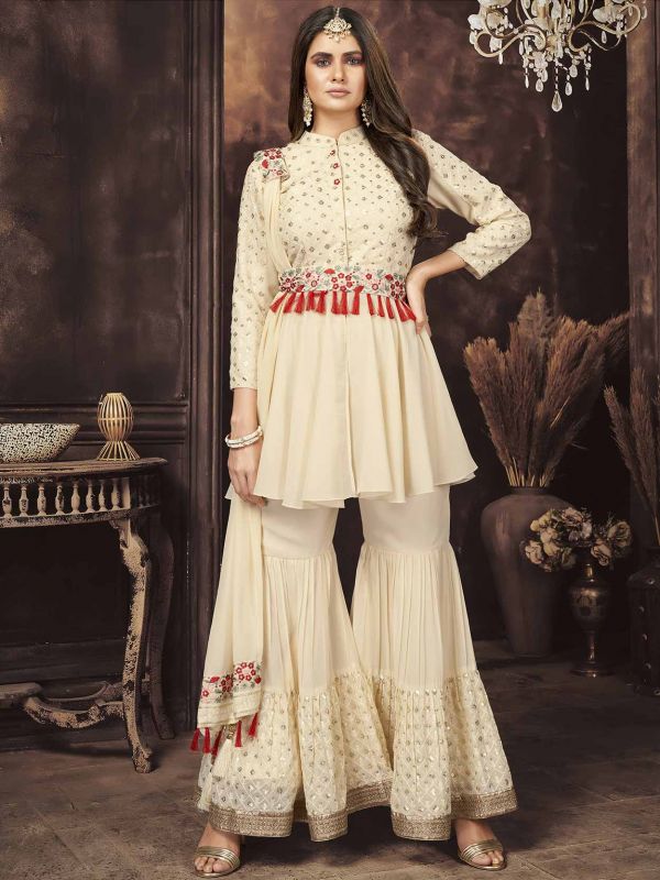 Off White Colour Georgette Fabric Sharara Salwar Kameez.