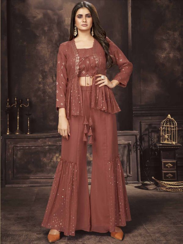 Rust Colour Designer Sharara Salwar Suit in Georgette Fabric.