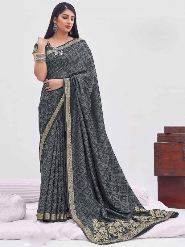 Grey Colour Silk Fabric Printed Saree.
