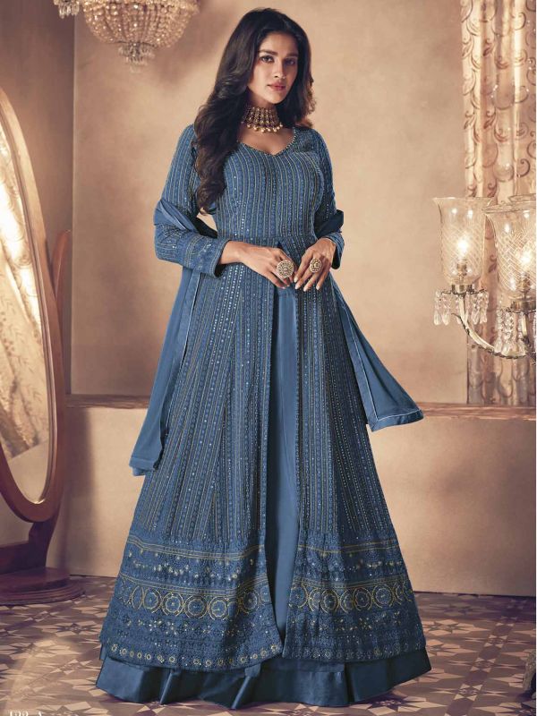 Teal Blue Colour Georgette Fabric Anarkali Salwar Suit.