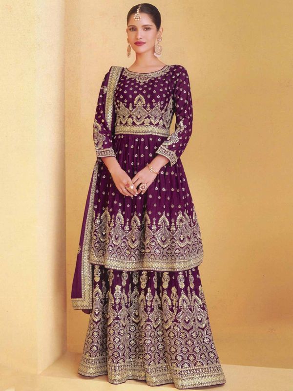 Wine Colour Georgette Fabric Sharara Salwar Suit.