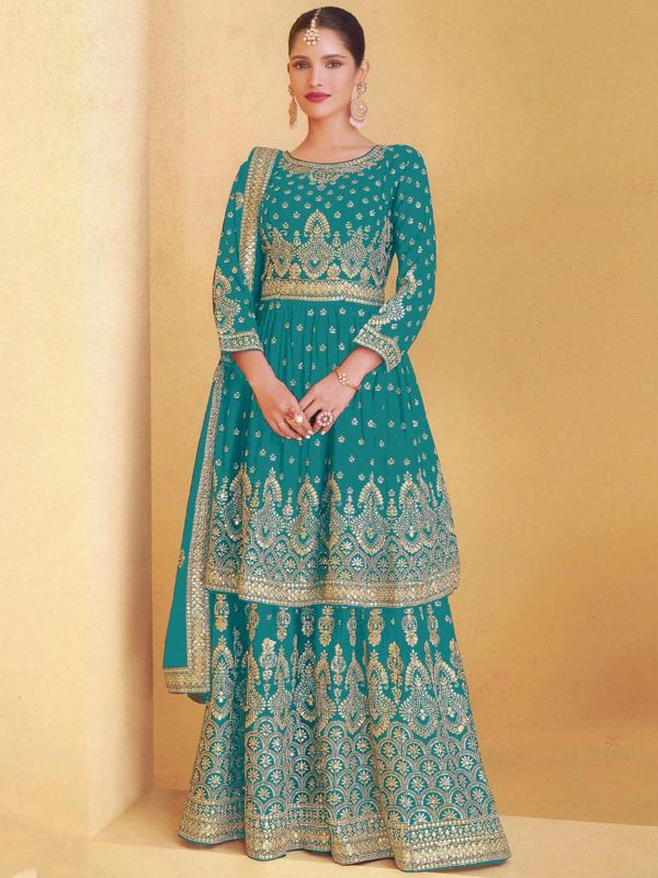 Green Colour Georgette Fabric Sharara Salwar Kameez.