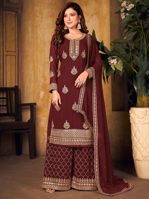 Maroon Colour Designer Salwar Kameez in Georgette Fabric.