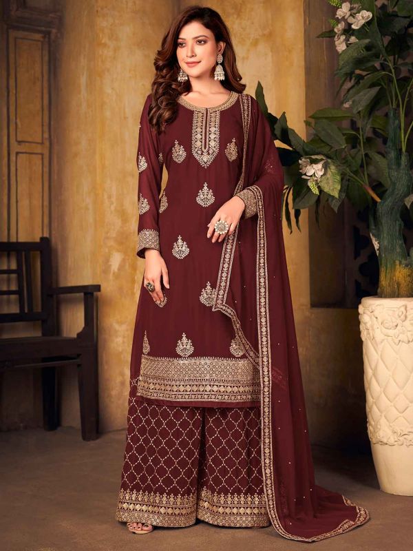 Maroon Colour Designer Salwar Kameez in Georgette Fabric.