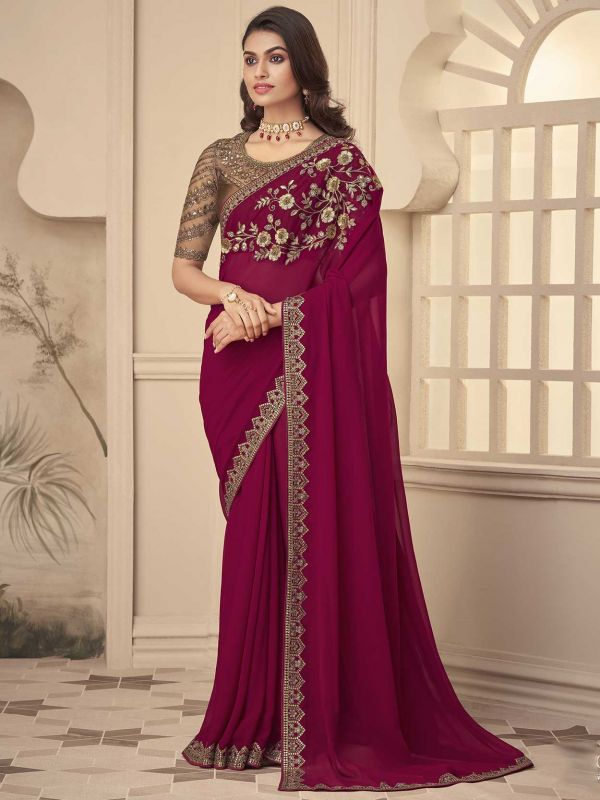 Maroon Colour Georgette Fabric Designer Saree.