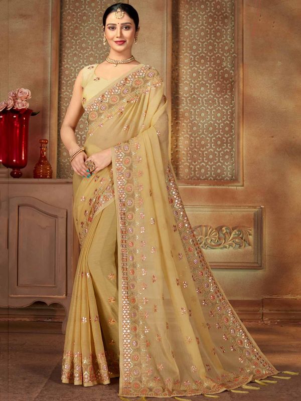 Golden Colour Chiffon Fabric Designer Saree.