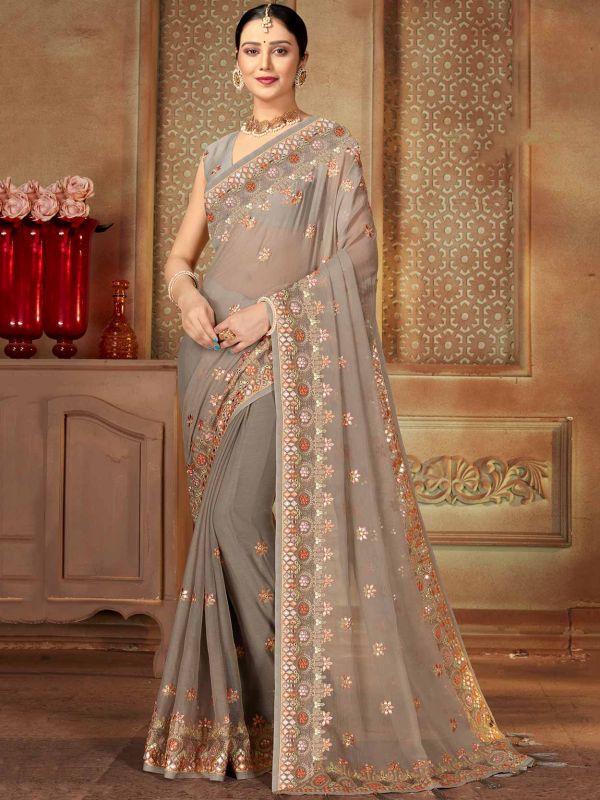 Grey Colour Chiffon Fabric Embroidery Sarees.