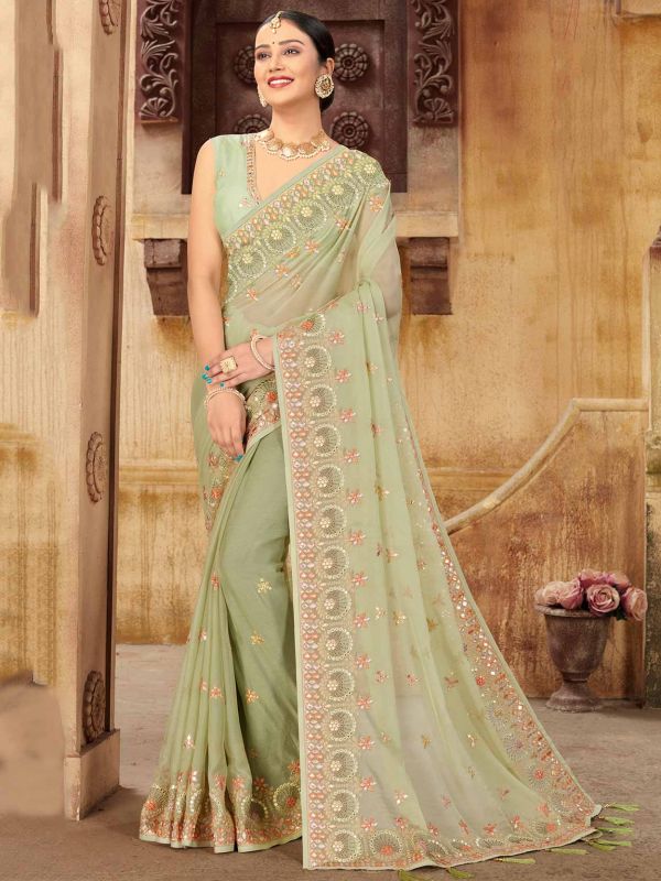 Pista Green Colour Indian Designer Saree in Chiffon Fabric.