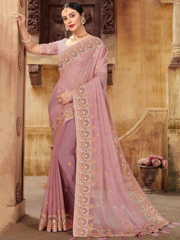 Pink Colour Chiffon Fabric Women Saree.