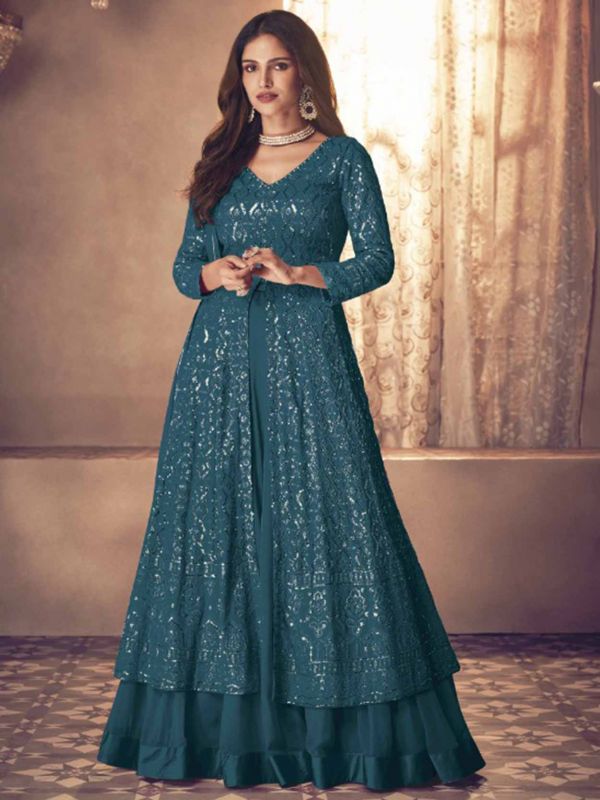 Rama Green Colour Georgette Fabric Anarkali Salwar Kameez.